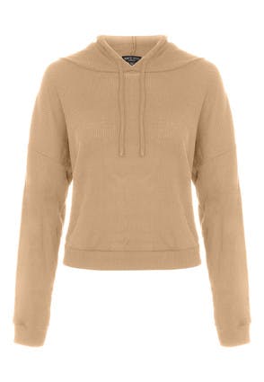 Womens Camel Ribbed Hooded Top
