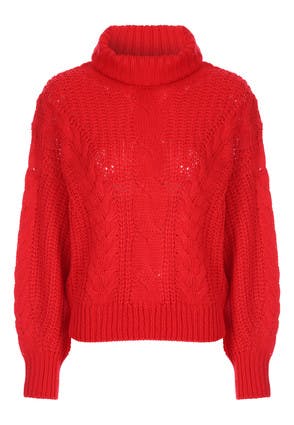 Womens Red Chunky Knit Roll Neck Jumper ...