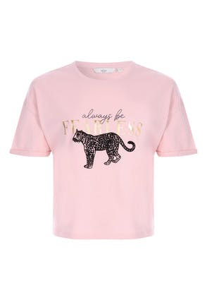 Older Girls Pink Cropped Leopard Slogan T-shirt