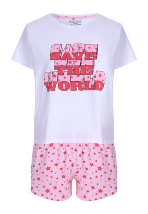 Womens Pink Star Slogan T-Shirt and Short Pyjama Set