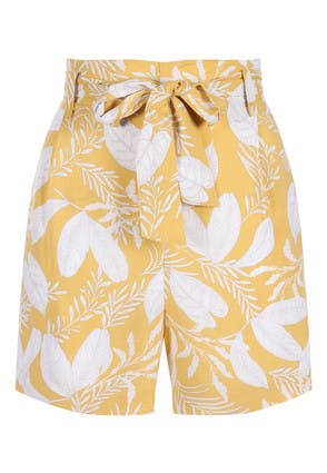 Womens Yellow Belted Leaf Print Shorts
