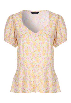 Womens Yellow and Pink Floral Tea Top
