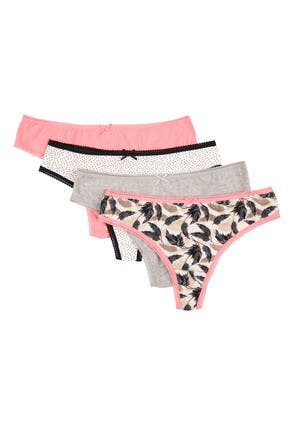 Womens 4pk Cream Pink Print Thongs