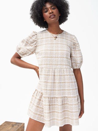 Womens Stone and White Check Puff Sleeved Dress