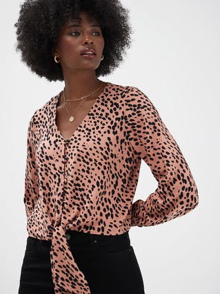 Womens Rust Animal Print Tie Front Blouse