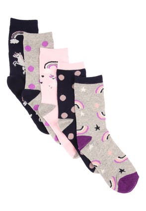 Girls 5pk Grey Unicorn Socks