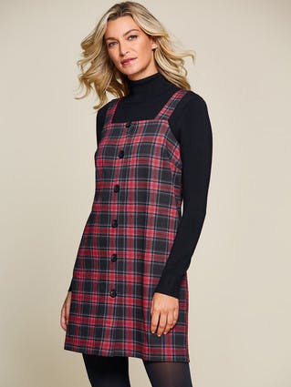 Womens Black and Red Check Pinafore Dress