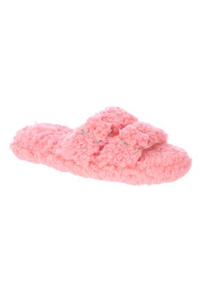 Womens Pink Borg Buckle Mule Slippers