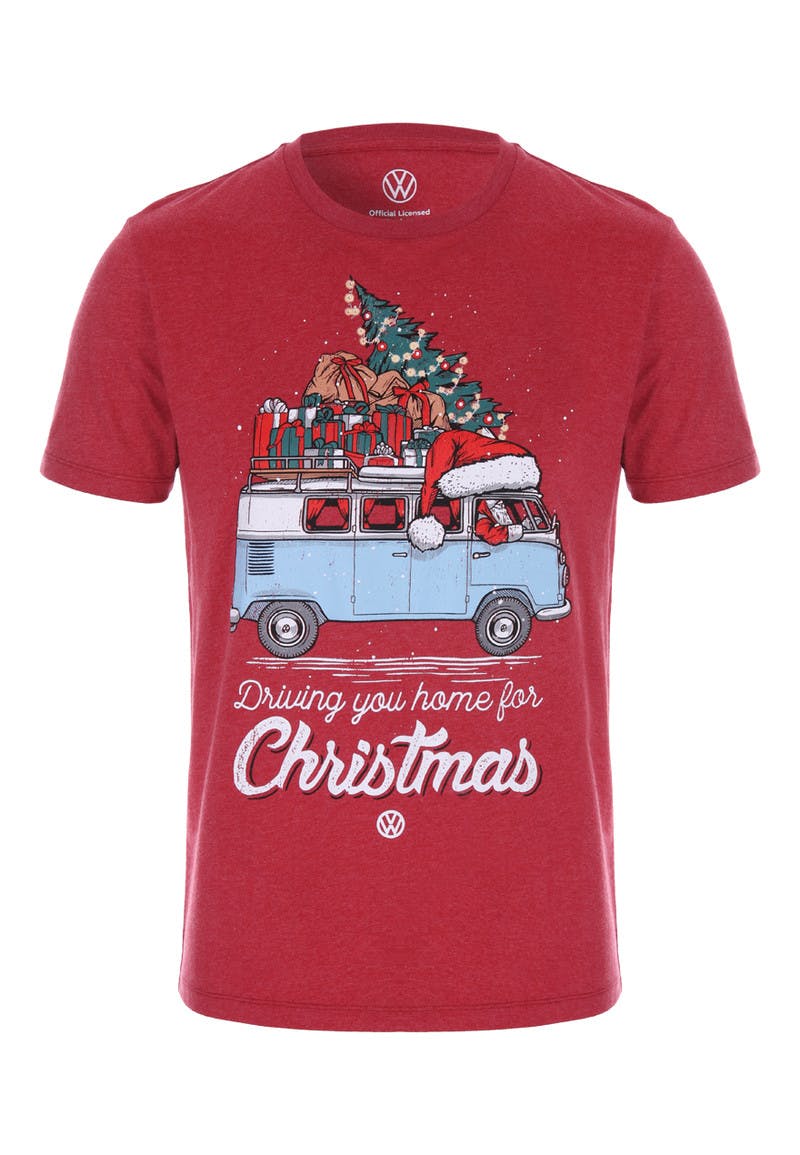Mens Red VW Driving Home | For Peacocks Christmas T-shirt