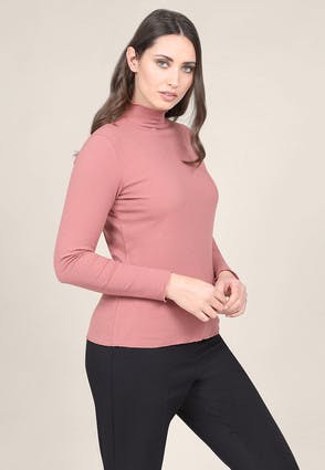 Womens Pink Lettuce Trim Top with Roll Neck