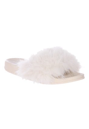 Womens Cream Fluffy Fur Slider Slippers