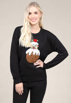 Womens Black Pug Pudding Christmas Jumper