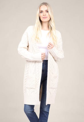Womens Cream Cable Knit Longline Cardigan