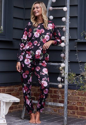Womens Black and Pink Floral Soft Touch Pyjama Bottoms