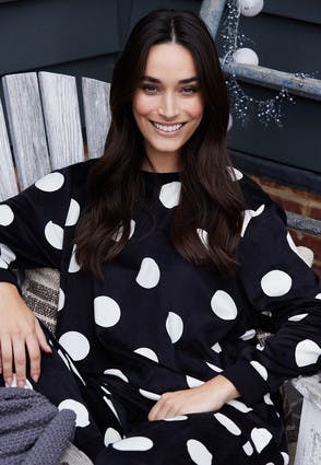 Womens Black Spot Fleece Pyjama Set