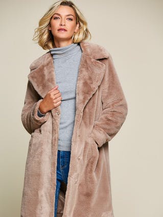 Womens Taupe Faux Fur Coat
