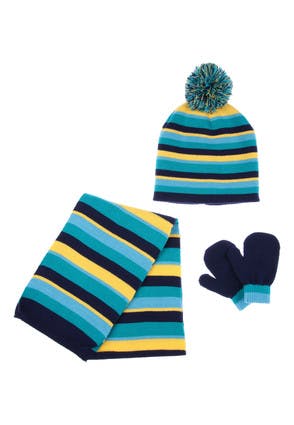 Younger Boys Blue Hat Scarf and Mittens Set
