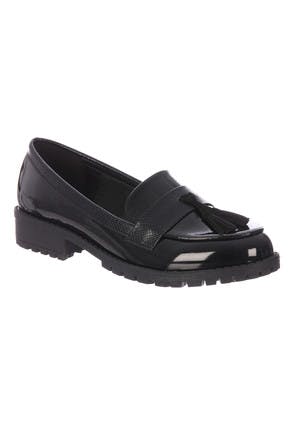 Womens Black Chunky Mixed Patent Loafers