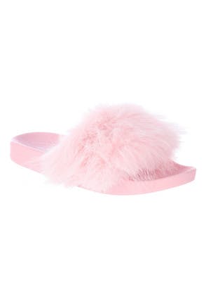 Girls Pink Fluffy Faux Fur Slider Slippers
