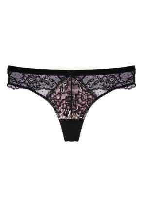 Womens Black Lace Thong with Velvet Trim