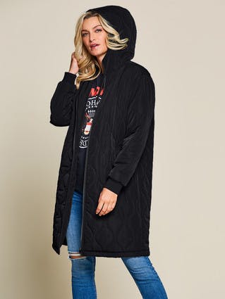 Womens Black Longline Quilted Coat