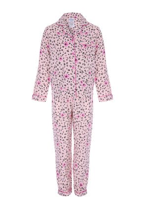 Girls Pink Animal Print Satin Pyjama Set
