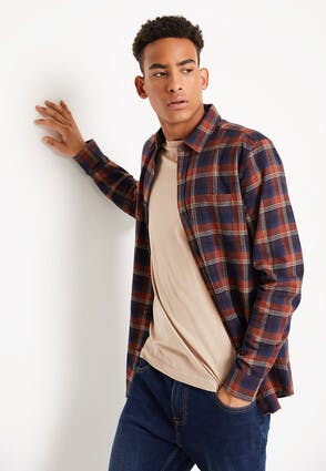 Mens Rust and Navy Flannel Check Shirt