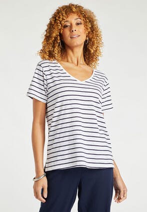 Womens White Stripe Print T-Shirt