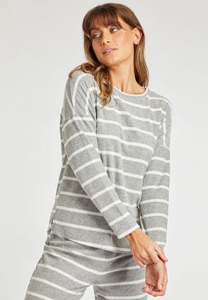 Womens Grey Stripe Toweling Pyjama Top