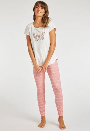 Womens Pink and White Butterfly Pyjama Set