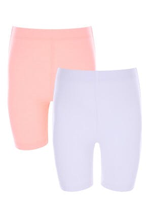 Younger Girls 2pk Coral and White Cycle Shorts