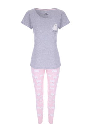 Womens Grey Cat Print Pyjama Set