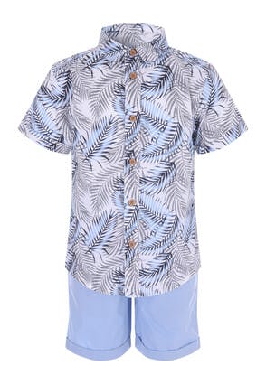 Younger Boys Blue Palm Shirt and Shorts Set 