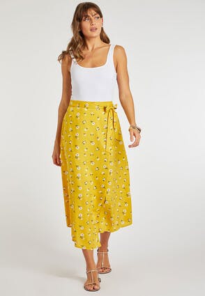 Womens Mustard Floral Midi Skirt