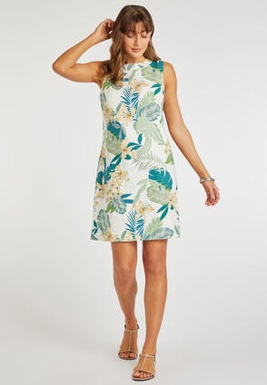 Womens Cream Tropical Print Linen Shift Dress