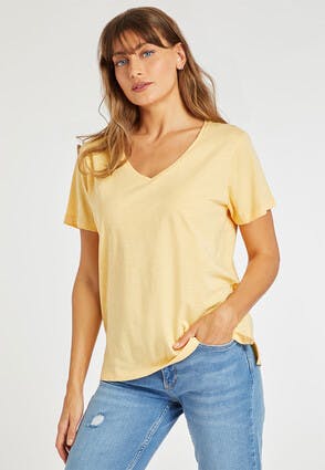 Womens Yellow V-Neck Relaxed Fit T-Shirt