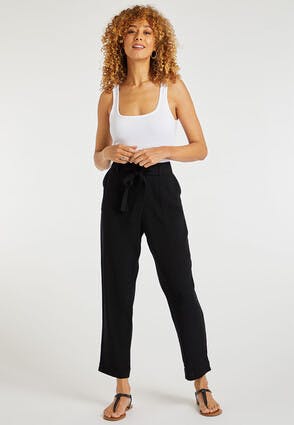 Womens Black Linen Belted Tapered Trousers
