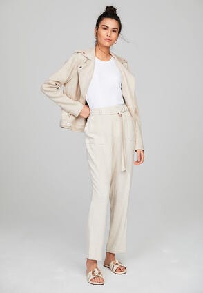 Womens Oatmeal Linen Belted Tapered Trousers