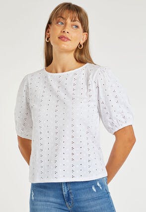 Womens White Broderie Puff Sleeve Top