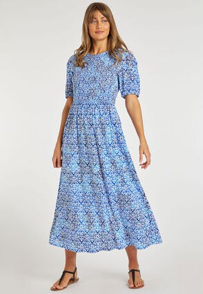 Womens Blue Tile Print Shirred Midi Dress