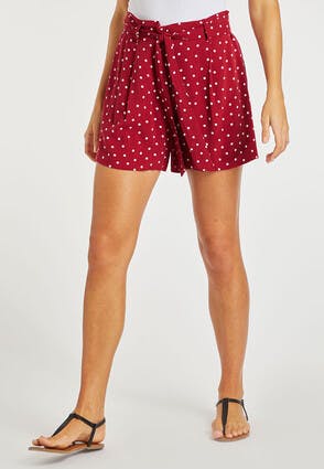 Womens Red Belted Spot Print Shorts