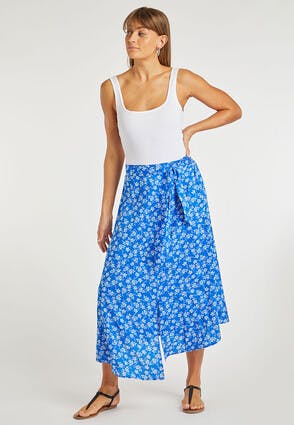 Womens Blue Floral Midi Skirt