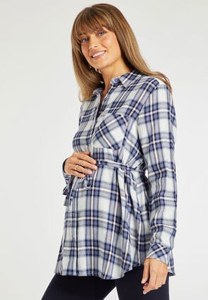 Womens Maternity Blue Check Shirt