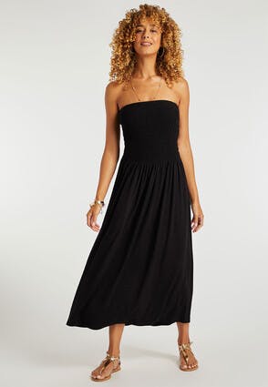 Womens Black Strapless Shirred Bodice Dress