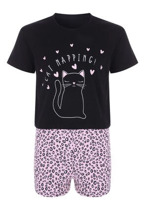 Older Girls Black Cat Pyjama Set