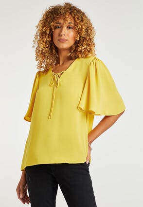 Womens Yellow Lace Up Blouse