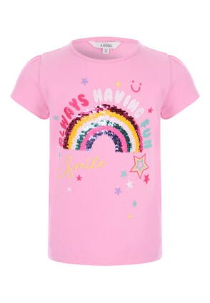 Younger Girls Pink Sequin Rainbow T-Shirt