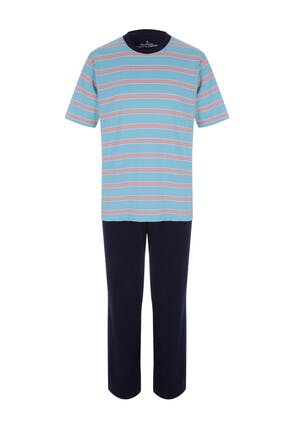 Mens Blue Striped Jersey Pyjama Set