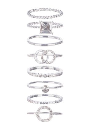 Womens 8pk Silver Circle Diamante Rings