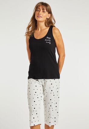 Womens Black and White Vest Pyjama Set